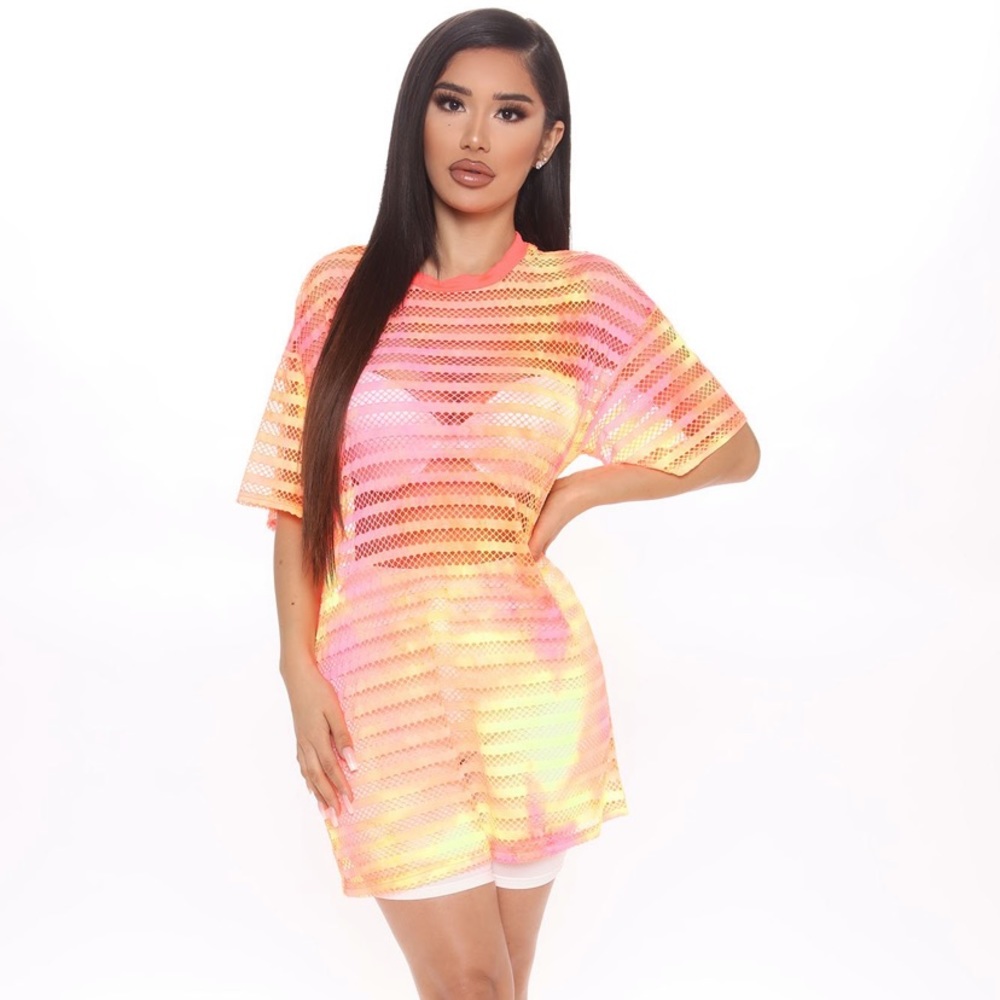I Feel The Vibes Fishnet Tunic - Orange/combo